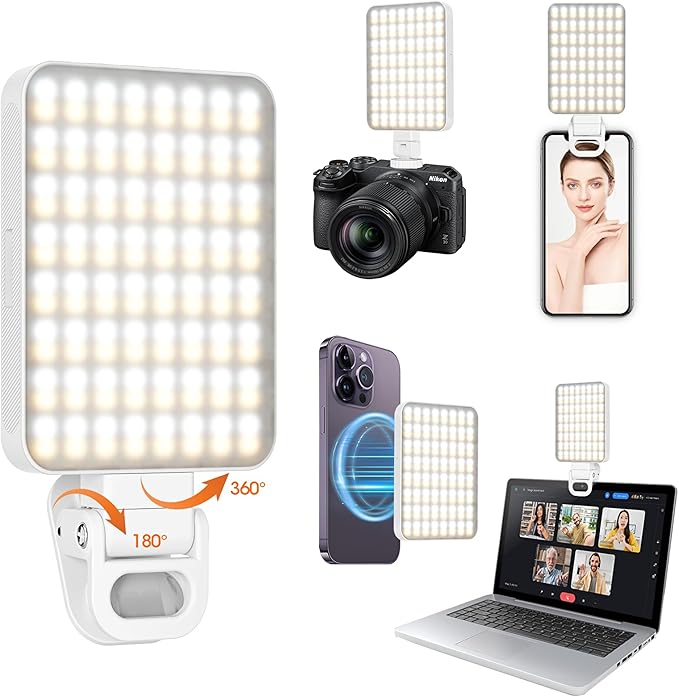 JINGCOOL Magnetic Selfie Light, Portable Phone Light Clip, Rechargeable Ring Light for Video Recording, Conference, Live Streaming, TikTok, Makeup, Compatible with iPhone, Laptop, and Camera, White