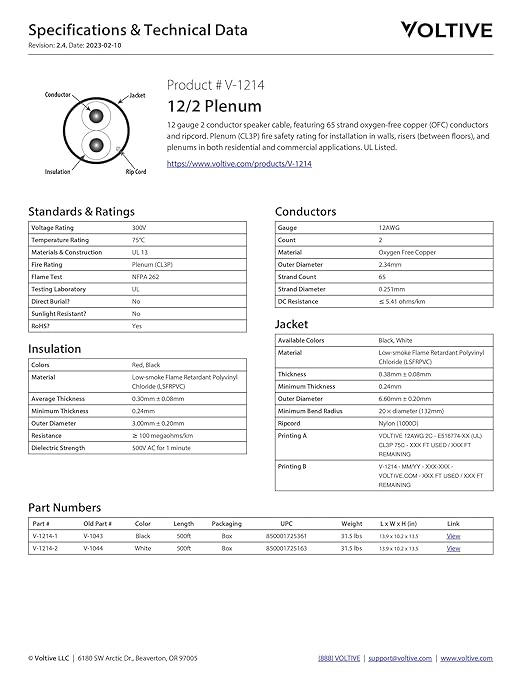Voltive 12/2 Speaker Wire, Plenum CL3P, White, 500ft - 12AWG, 2 Conductors, Stranded Oxygen-Free Copper, UL Listed - V-1214-2
