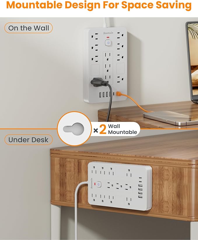 Bawmwim Surge Protector Power Strip - 11 Outlets(1850W/15A) with 6 USB Ports(2 USB C), 10FT Flat Plug Extension Cord, Wall Mount, White, ETL Listed for Home, Dorm Room