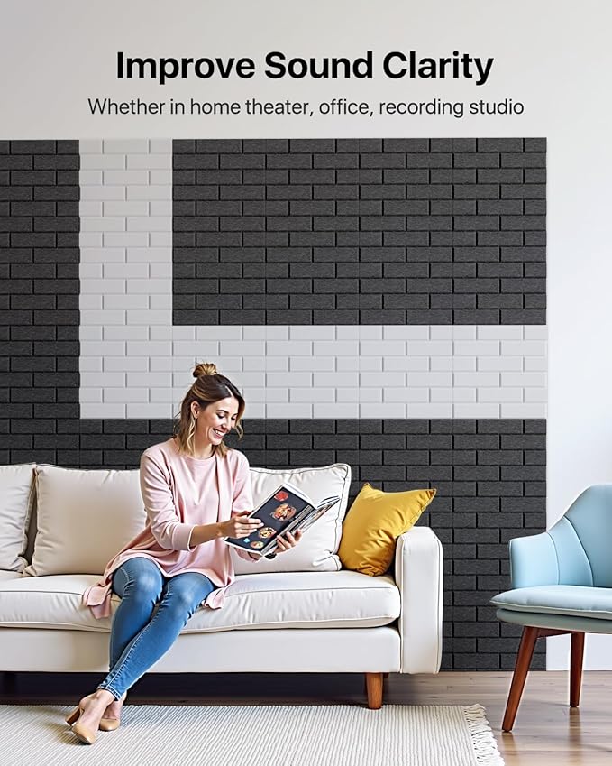 Soundproof Wall Panels Self-adhesive, Acoustic Panels 18 Pack Brick Wall Panels, High Density Sound Absorbing Panel for Walls, Office,Reccording Studio, Ceiling 12" X 12" X 0.4" Black