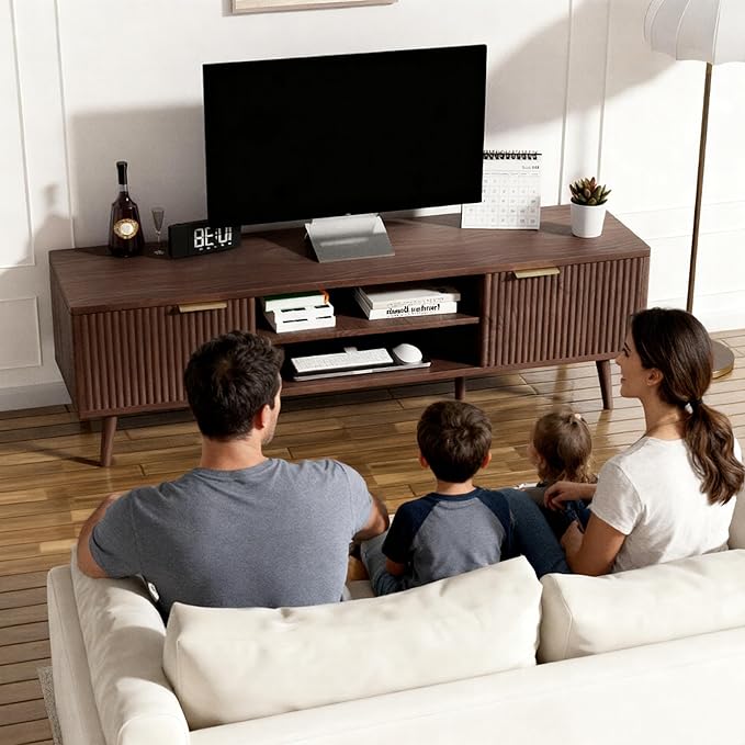 SHGJ&SOFT Storable TV Stand 65 Inch,Mid Century Modern TV Console Two Cabinet Doors with Open Partition in The Middleby by Wooden for Living Room,Bedroom. (Brown, 1PC)