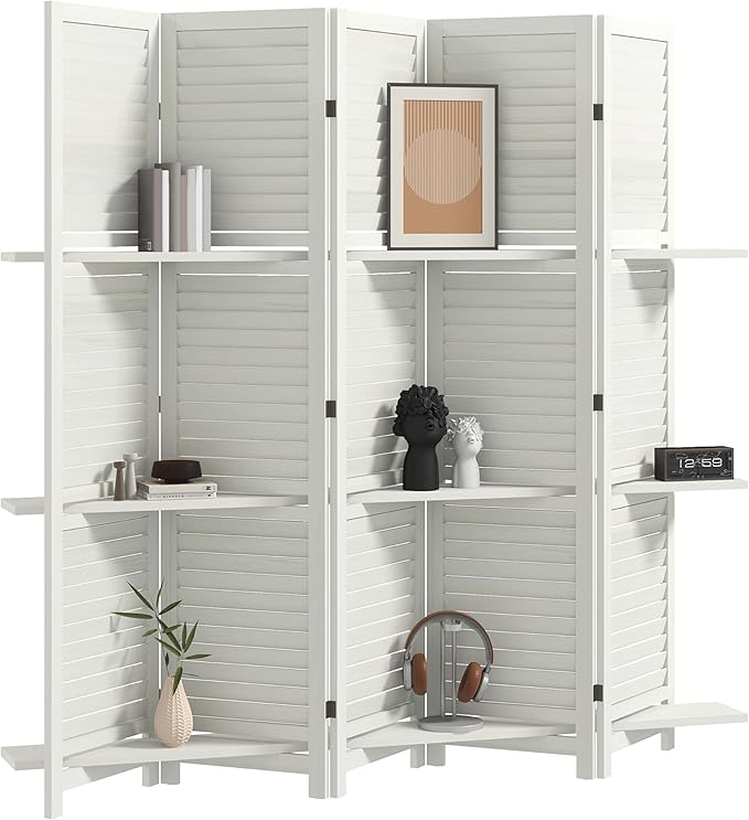HOMCOM Room Divider, 5 Panel 67" Tall Wood Privacy Screen with 3 Display Shelves, and Folding Storage for Bedroom or Home Office, White