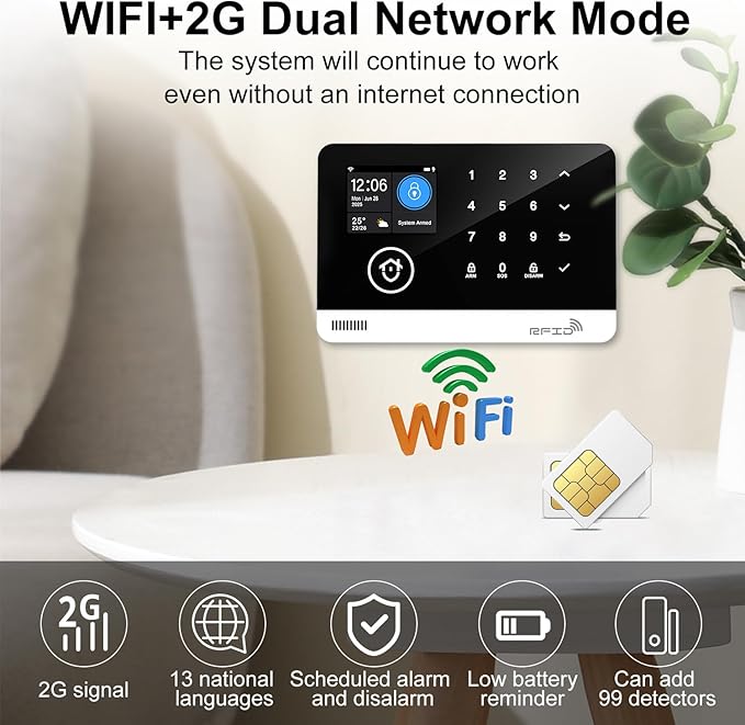 Home Alarm System with Camera, 23 Pieces Wireless WiFi/GSM SMS Home Security System with Motion Detector, 120dB Alarm Siren, Remote Control, Doorbell Button and SOS Button for Villa,Warehouse