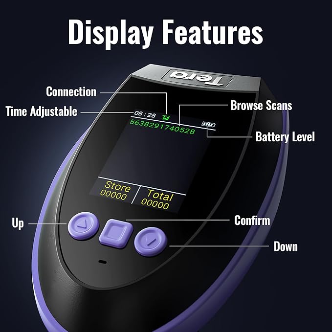Tera Barcode Scanner Wireless with Screen: Pro Version 1D 2D QR with Setting Keypad Charging Cradle Works with Bluetooth 2.4G Wireless USB Wired Handheld Bar Code Reader HW0009 Purple