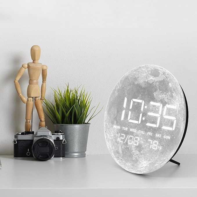 HOMLOVE Digital Desk Clock with Large LED Display, Moon Modern Date Temperature Clock [TYPC-in] for Shelf, Table, Mantel or Bedside, (Moon, 7.87 INCH)