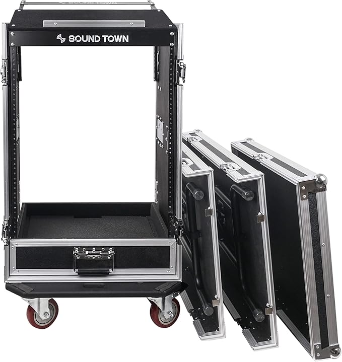 Sound Town 16U PA DJ Pro Audio Rack/Road ATA Case with 2U Drawer, 11U Slant Mixer Top, Two DJ Work Tables, Casters, Pro Tour Grade (MR-DR16UT2)