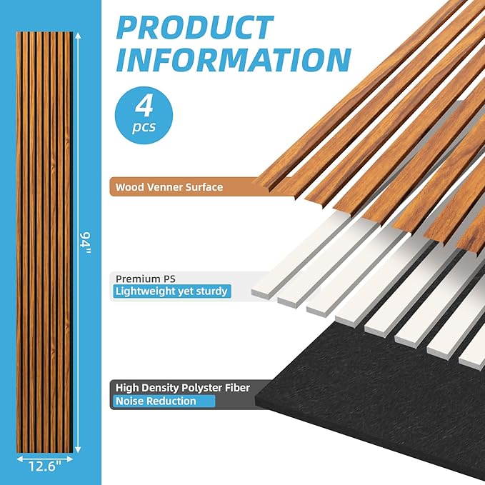 Art3d 4-Piece 94 x 12.6 Inch Acoustic Lightweight Slat Wall Panel - Waterproof Wood Textured Wainscoting Panel of 33 Sq.Ft for Bedroom, Home Theater Office Accent Wall, Teak