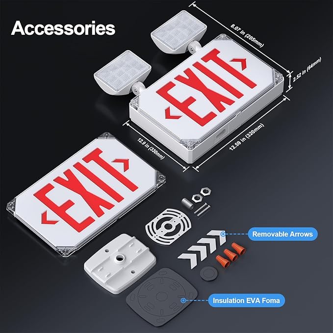 Wet Location Emergency Exit Signs with Adjustable Lights Battery Backup, UL Listed Double Face Exterior Led Exit Sign Combo, Hardwired Waterproof Red Exit Light, AC 120/277V, Wall/Side Mount (1 Pack)