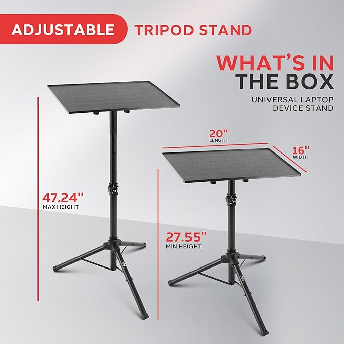 Pyle Projector Stand Tripod 28.0'' - 50.0'', Pro DJ Laptop, Easy Setup, Portable Studio Stand for Laptops, Mixers, and Projectors, Height Adjustable for Stage, Home, Studios, Stable and Versatile