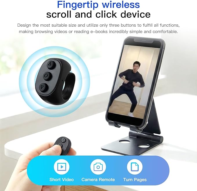 HEKUTU Social Media Scrolling Ring Remote - Hands-Free Controller for T-ikT-ok Yout-ube IG - Black