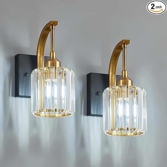 FDPBY Wall Sconces, Set of 2 Black Gold Crystal Vanity Lights, Modern Wall Lamp for Bathroom, Hallway, and Makeup, Easy Installation