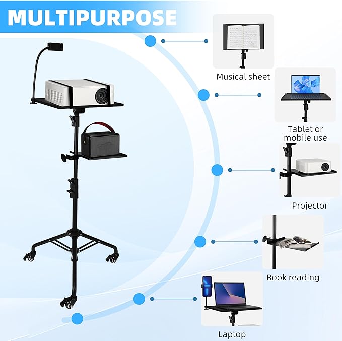 STEADUS Projector Stand Tripod – 24 to 59 Inch Adjustable Height – Dual Shelves Laptop Tripod Stand with Moveable Wheels and Phone Holder, Portable Laptop Stand for Office, Stage & Outdoor Use