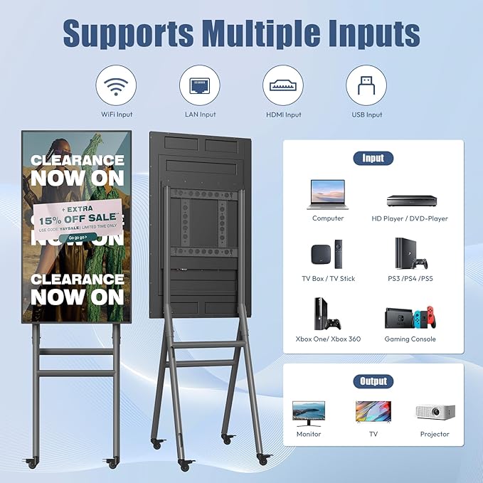 QIXZOCV MWE 43 Inch Mobile Digital Signage Display Kiosk with Flight Case, Portable Digital Poster with Screen Mirroring App Publishing, Advertising Display Kiosk, Android OS
