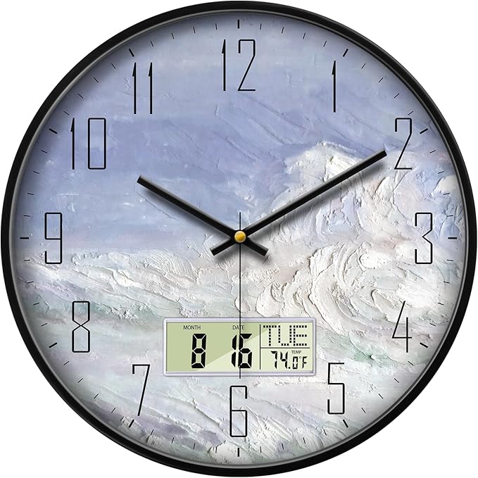 SCOAGE Digital Wall Clock Battery Operated with Day and Date Temperature Blue White Wave Calendar Clock with Large Display Silent for Room Bathroom Bedroom Living Room Farmhouse Decor 14 Inch
