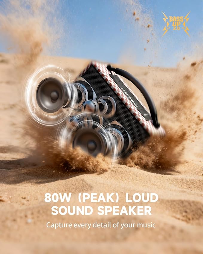 DINDIN Portable Bluetooth Speaker: 80W (Peak), 20H Playtime, Loud Wireless Wood Speakers with Bass, AUX and USB Input, Subwoofer, TWS Pairing, Vintage Speaker for Outdoor, Home, Office (Red+White)