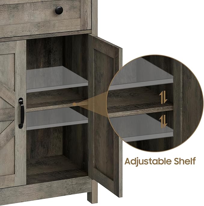 Farmhouse Bathroom Storage Cabinet with Barn Doors, Bathroom Storage Organizer with Drawers, Rustic Freestanding Floor Cabinet for Kitchen, Living Room, Grey