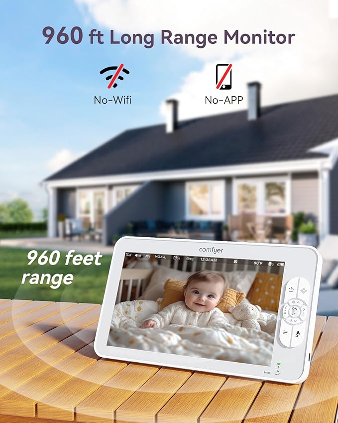 Comfyer Baby Monitor with Camera and Audio, 7" 720P HD Video Baby Monitor No WiFi, 6000mAh Battery, VOX Mode, Auto Night Vision, Hack Proof, Remote PTZ