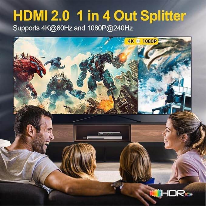 SHERRIVA 4K HDMI Splitter 1 in 4 Out – 4K@60Hz, 1080p@240Hz, Auto Downscaling, HDR, HDCP 2.3, 18Gbps, EDID, Duplicate/Mirror 4K Screens, Compatible with TV, Multiple Monitors
