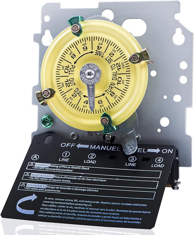 T104M Mechanical Timer Switch Mechanism Only, Heavy-Duty Timer Switch for Pool Pumps, 120V 40A DPST, 24-Hour 12 ON/Off Cycles - for Lights, Water Heaters, Fans, HVAC Systems