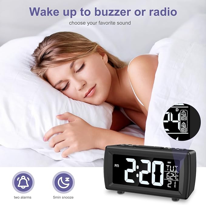 OQIMAX Digital Alarm Clock Radio, 7 Color Fonts, Dual Alarms, FM Radio, USB Charging Port, Snooze, Digital FM Radio Clock with Battery Backup, Adjustable Brightness – Ideal for Bedroom & Office