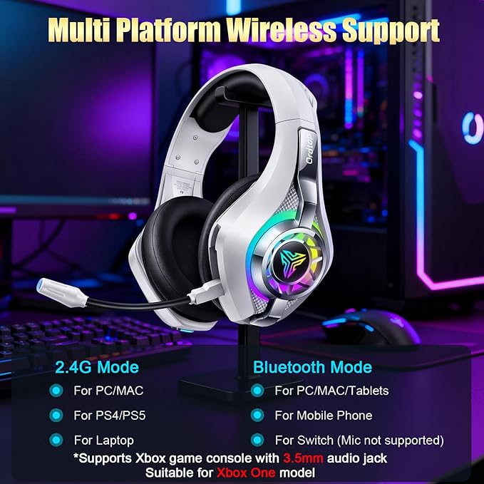 Ordtop 2.4GHz Wireless Gaming Headsets for PS5/PS4/Switch, 2026 RGB Noise Cancelling Over-Ear Headphones with 7.1 Surround Sound, 40mm Drivers, 276g Ultraligero, Memory Foam, 45H Gaming Headphones