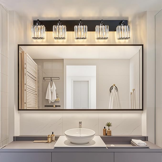 FDPBY Modern Bathroom Vanity Light 5-Lights Plating Black Crystal Bathroom Wall Light Vanity Light Fixtures