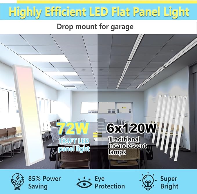 HOLDWILL 1X4 FT Led Flat Panel Light, 12 Pack 5CCT 3K/4K/4.5K/5.2K/6K Surface Mount Ceiling Light,Dimmable 5 Wattage Adjustable Edge-Lit Flush Mount or Drop Ceiling for Office,Shop and Super Market