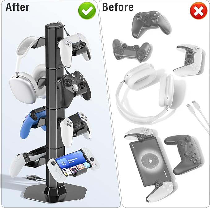 Controller & Headset Holder Stand for Desk, with Charger Cable Organizer Headphone Stand for PS5/ Xbox/ PS4/ Switch, Metal Base Controller Hanger Hook for Storage Earphones, Game Console, Mobile Phone