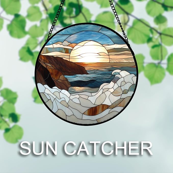 DASTOLL Stained Glass Window Hanging 4 Pcs Set Ocean Waves 6.3" - Blue and White Sea Suncatcher Door Garden Sun Catcher Decor Birthday Christmas for Mom Woman Nana Men