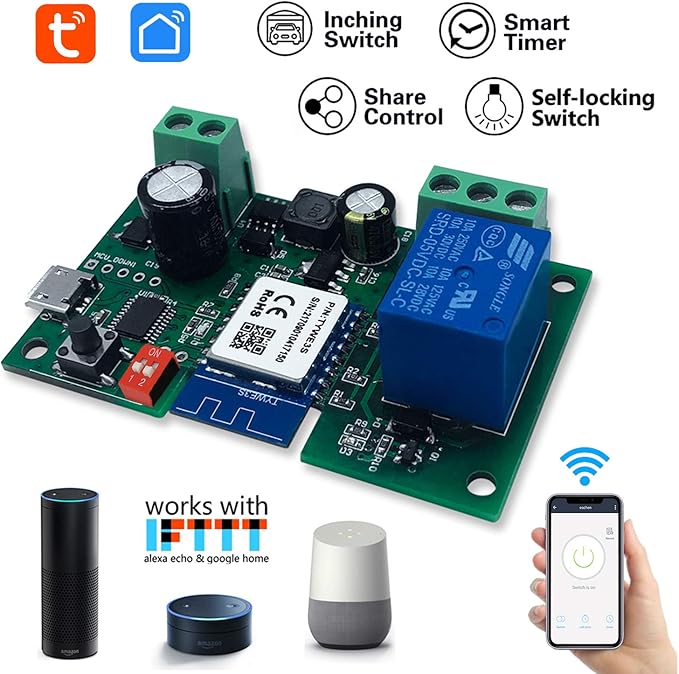 Newgoal WiFi Wireless Inching Relay Switch Momentary DIY Smart Home Remote Control DC 5-32V AC 90-250V Compatible With Alexa Echo IFTTT (Using TUYA/Smart Life APP)