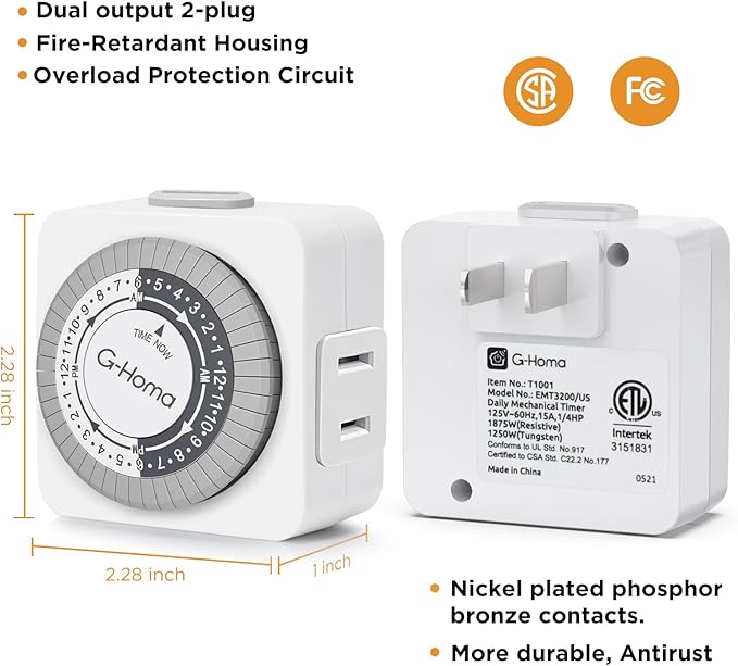 G-Homa Timers for Electrical Outlets 4 Packs,24 Hour Indoor Plug-in Mechanical Timer,30 Minute Intervals, Daily On/Off Cycle,1 Polarized Outlet, for Grow Light,Christmas Lights, Lamps ETL Listed