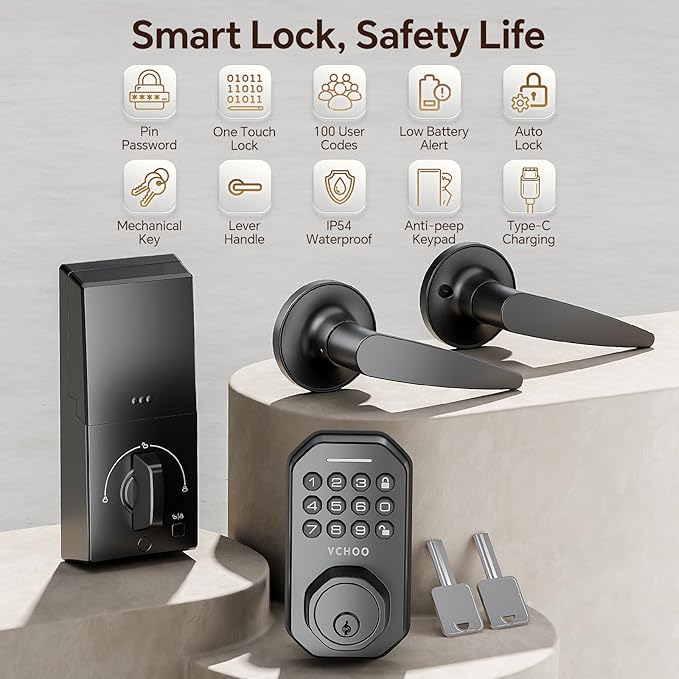 VCHOO Keyless Entry Door Lock Set Smart Locks for Front Door Keypad Door Lock with Handle Auto Lock One Time Password Anti Peeping Password IP54, Black