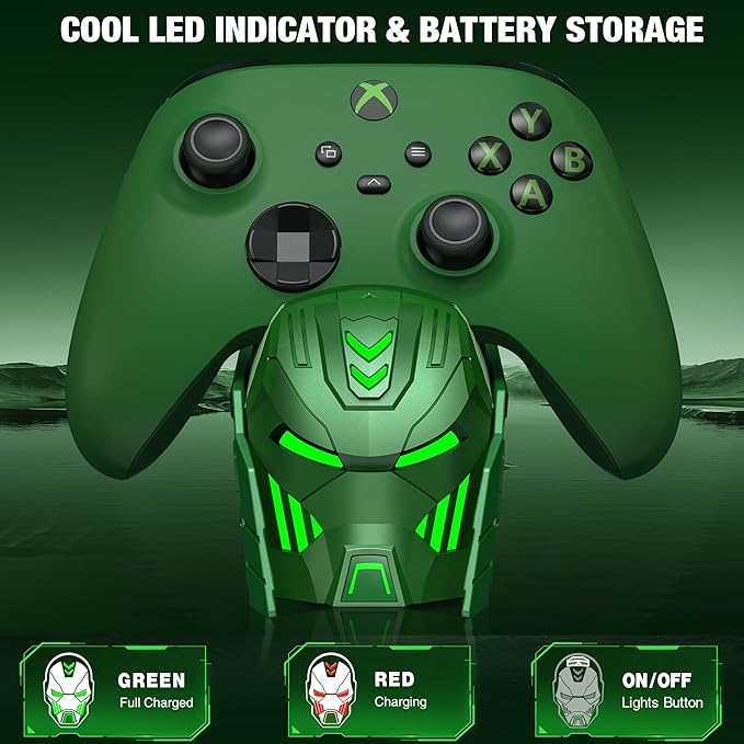 DINOSTRIKE Charger Station with 2x5520mWh Rechargeable Battery Pack for Xbox One Controller, Dual Charging Dock for Xbox Sereies X Controller with 4 Battery Covers (Green)