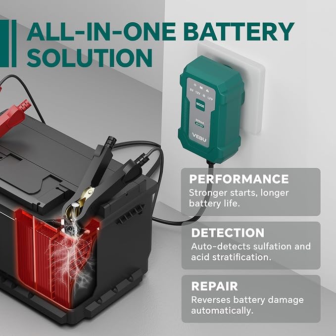 VEBU Motorcycle Trickle Charger 800mA Smart Battery Charger & Maintainer - Automatic for 6V/12V Lead Acid/Lithium Batteries, Plug & Play for Car Motorcycle Boat RV