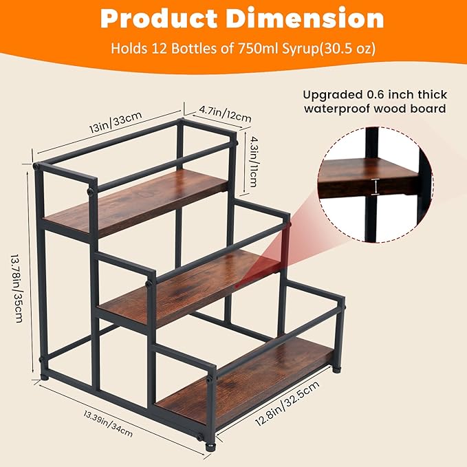 STAEVER Coffee Syrup Rack - 3-Tier 12 Syrup Bottles Holder - Liquor Bottle Display Shelf - Kitchen Cabinet Organizer for Jars, Condiments - Wooden Countertop Organizer for Seasonings, Tea, or Coffee