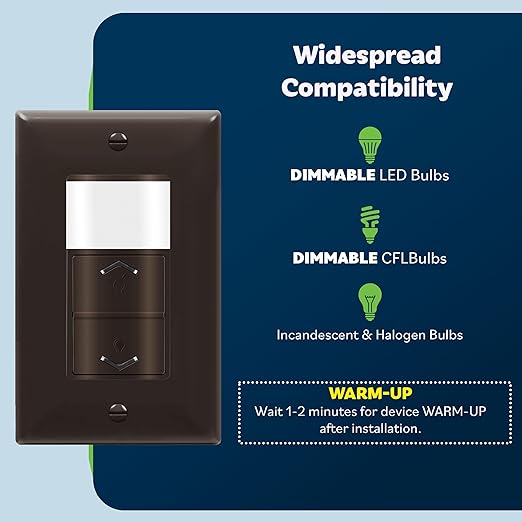 TOPGREENER Motion Sensor Light Switch Dimmer, Electronic Dimmer with PIR Motion Sensor, Occupancy & Vacancy Modes, 150W LED/CFL, Single-Pole, UL Listed, TDODS5-120-BR, Brown