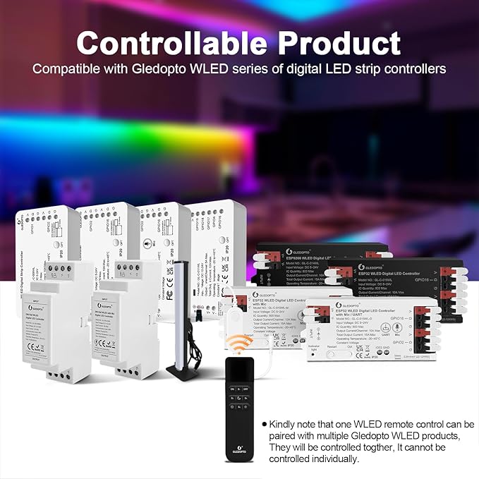 GLEDOPTO WLED Remote Control RGB IC LED ESP Now APP WiFi Wireless Brightness Adjust 4 Scenes Preset Night Light 50 Meters Control Distance Work with WLED Controller Device(Battery not Included)