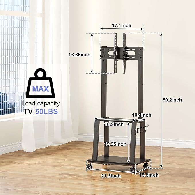 Rolling TV Stand on Wheels for 23-60Inch Flat/Curved Screen TVs,Tilt Mobile TV Cart with 2 Shelves,Portable TV Stand with Adjustable Height Holds up to 50lbs for Indoor Outdoor Max VESA 400x400mm