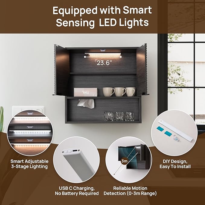 Wall Mounted Bathroom Cabinet with Motion Sensor LED Light & Tissue Dispenser, Modern Black Medicine Cabinet Over Toilet with Fluted Door, Adjustable Shelf for Skincare & Makeup Storage