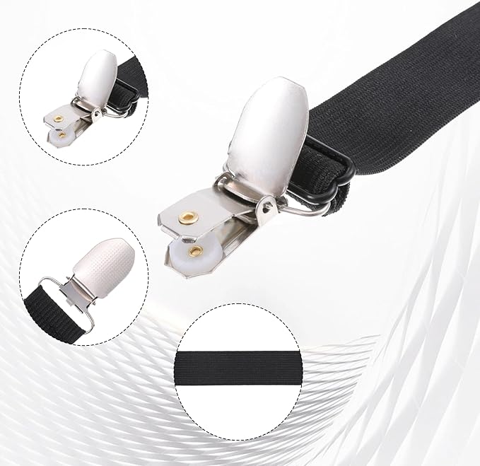 Xyembu 4Pcs Ironing Board Cover Clips Adjustable Ironing Board Pad Braces Fasteners Mini Suspenders Elastic Straps Clips for Secure and Tight Fit Corners Couch Covers Stays Bands(Black)
