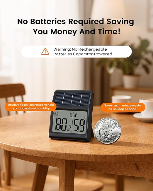 Digital Indoor Thermometer & Hygrometer, Light Powered (No Rechargeable Batteries Runs Only on Real-time Light Exposure) Solar Indoor Temperature and Humidity Monitor, Humidity Gauge