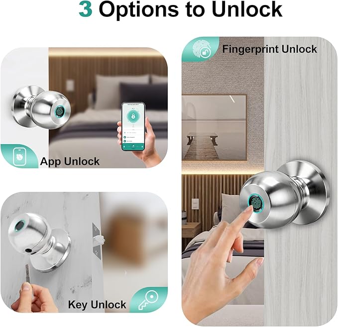 UMIK UMIKSMART Fingerprint Door Lock, Smart Door Knob, Keyless Entry Door Lock with App Control, Thumbprint Door Knob with Backup Key, Suitable for Home, Bedroom, Apartments, Garage, Office - Sliver