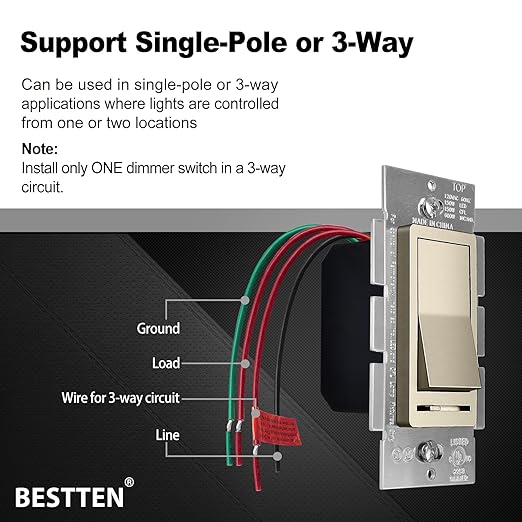 BESTTEN Matte Champagne Gold Dimmer Light Switch, Single Pole or 3-Way, Compatible with Dimmable LED, CFL, Incandescent and Halogen Bulb, 120VAC, Signature Collection, UL Listed