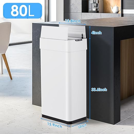 Arlopu 21.1 Gal Automatic Trash Can, 80L Stainless Steel Motion Sensor Garbage Bin, Touchless Brushed Wastebasket, W/Butterfly, Soft-Close Lid, for Living, Dinning Room, Kitchen (White)