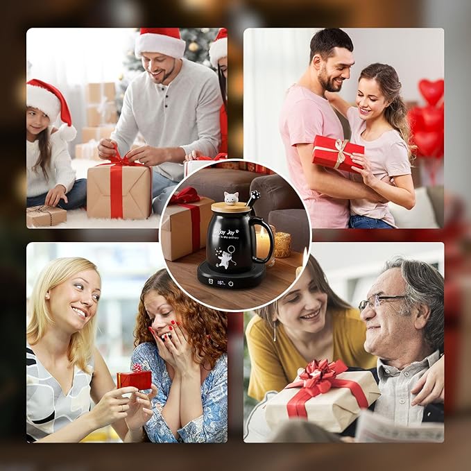 Coffee Mug Warmer with Cute Cat Mug Set, 8 Hour Auto Shut Off Cup Warmer for Desk Office Home, Candle Beverage Electric Coffee Warmer with 4 Temperature Setting, Christmas Birthday Ideas for Women Men