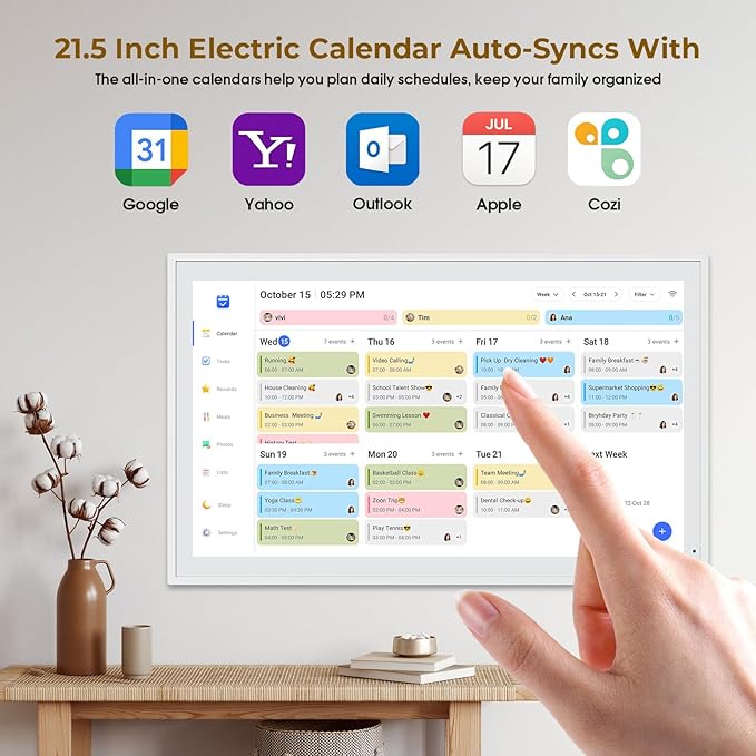 Digital Calendar, 21.5" Electronic Calendar For Wall, 1080P IPS Touchscreen Smart Family Planner& Chore Chart, Two - Way Sync With Phones Supports All Google Play Apps, Wall/Desk Mountable