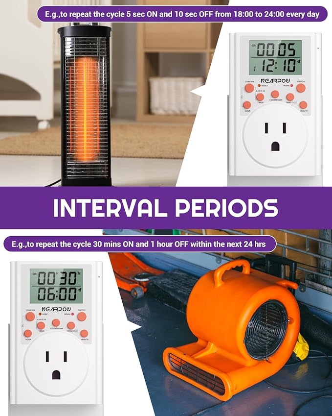 Timer Outlet, Nearpow Multifunctional Infinite Cycle Programmable Plug-in Digital Timer Switch with 3-Prong Outlet for Appliances, Energy-Saving Timer, 15A/1800W