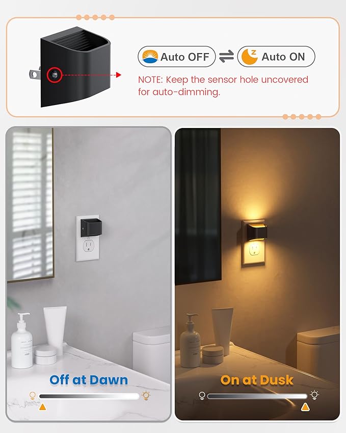 NIORSUN Night Lights Plug Into Wall, Auto Brightness Sensor Night Light, 3000K Warm White, Ultra-Slim Wall Light for Hallway Bathroom Bedroom Stairs, Black, 10 Pack