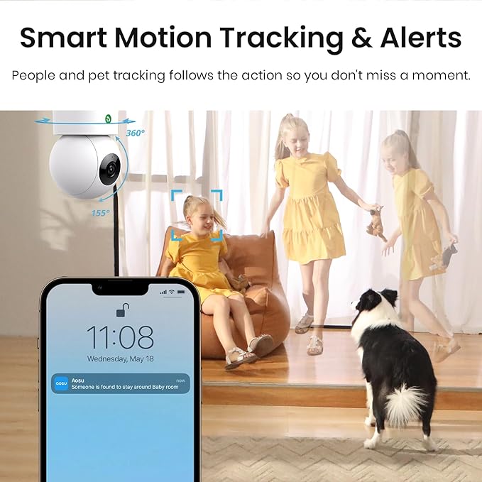 aosu 2K Security Camera Indoor, Baby Monitor Pet Camera One-Touch Call, Smart Motion Tracking, IR Night Vision, Compatible with Alexa, 2 Pack