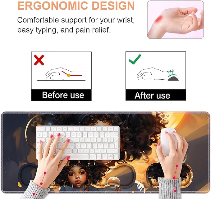 Ergonomic Keyboard Wrist Rest & Mouse Pad Wrist Rest Set, Large XXL Gaming Desk Mat 31.5"x 11.8" with Non-Slip Base, Memory Foam, Easy Typing Pain Relief for Home & Office - African American Girl